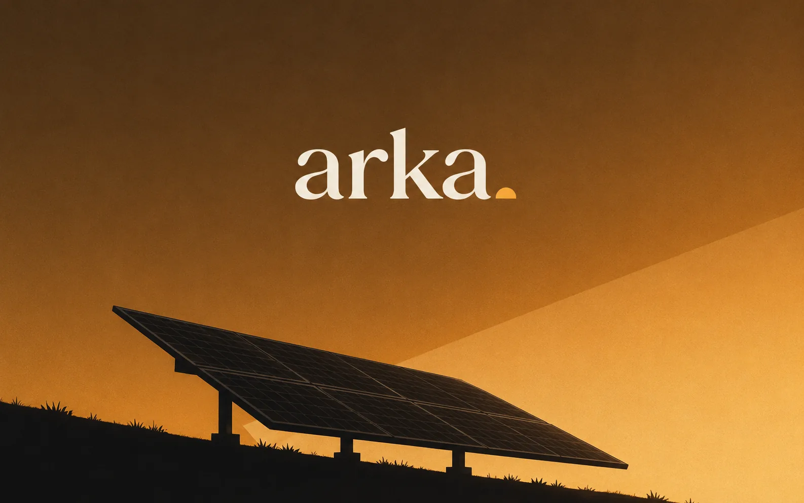 Arka logo above a dark solar panel silhouette against an amber sky