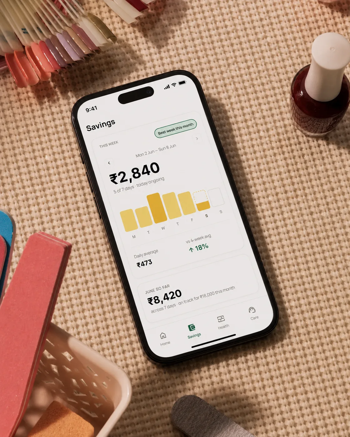 Arka savings screen showing ₹2,840 saved this week on a phone