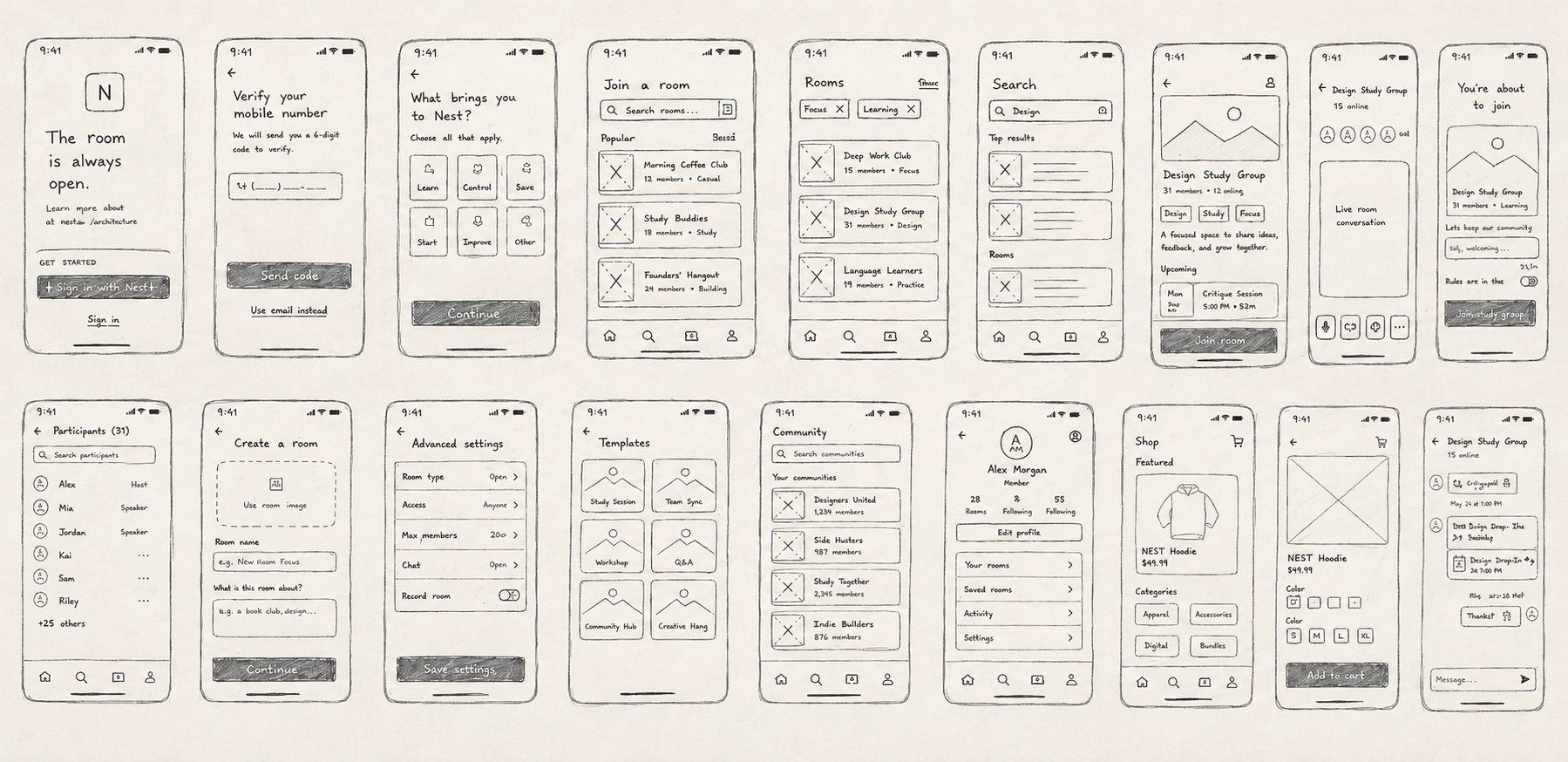 Hand-drawn lo-fi sketches for all 18 Nest screens