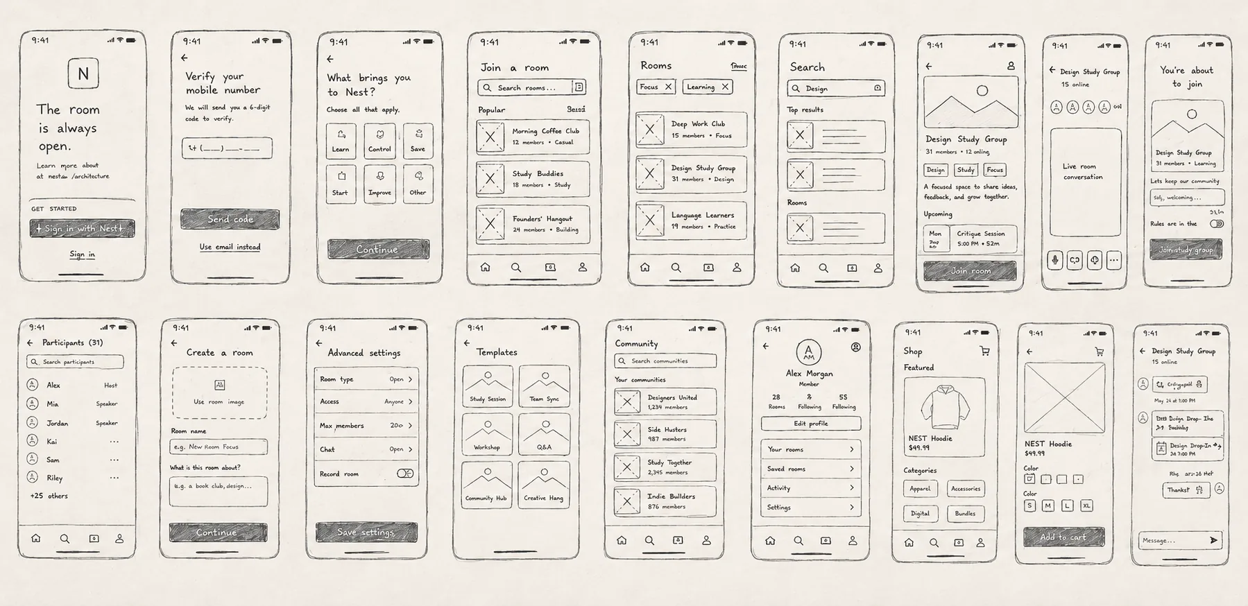 Hand-drawn lo-fi sketches for all 18 Nest screens