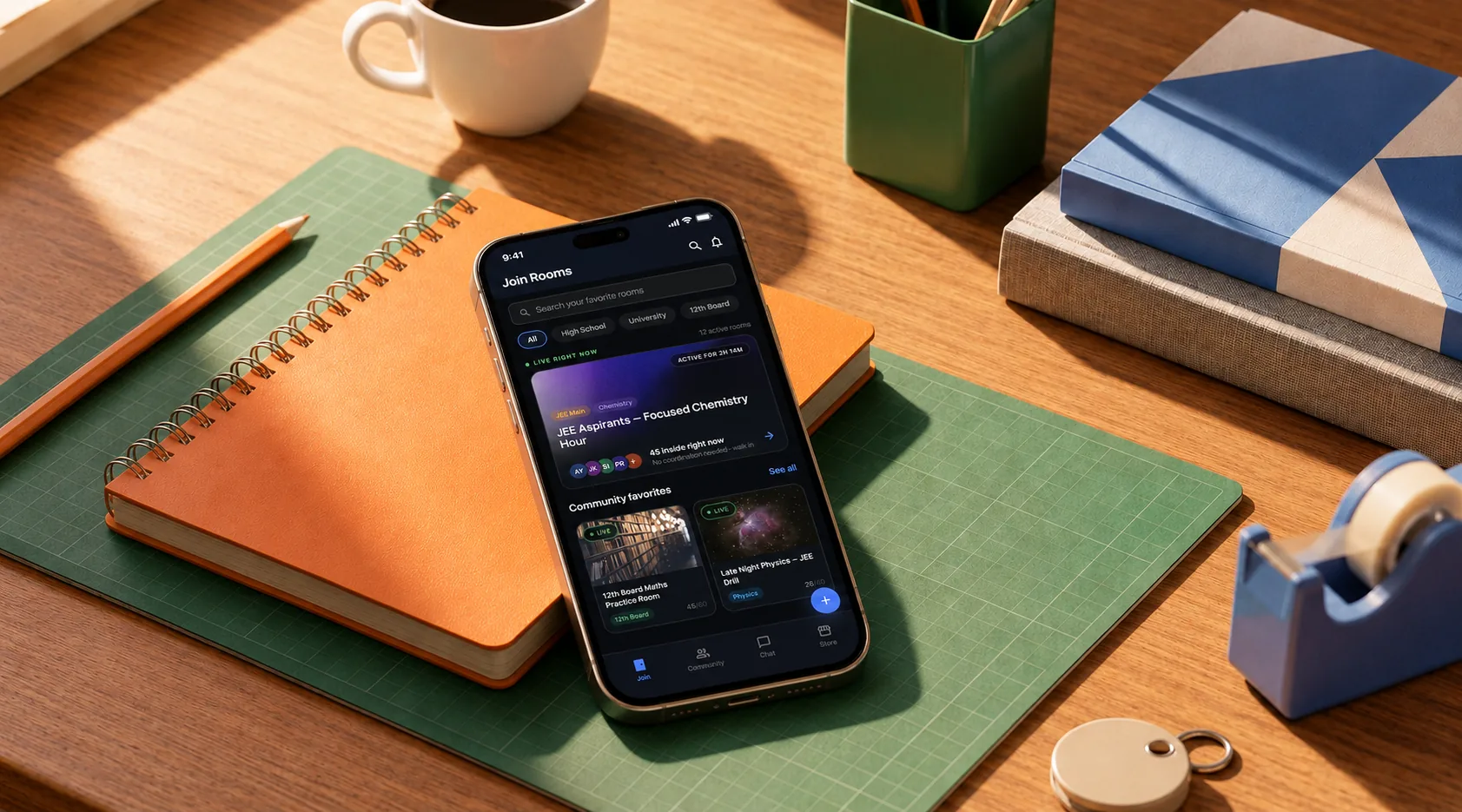 Nest Join Rooms screen on a study desk