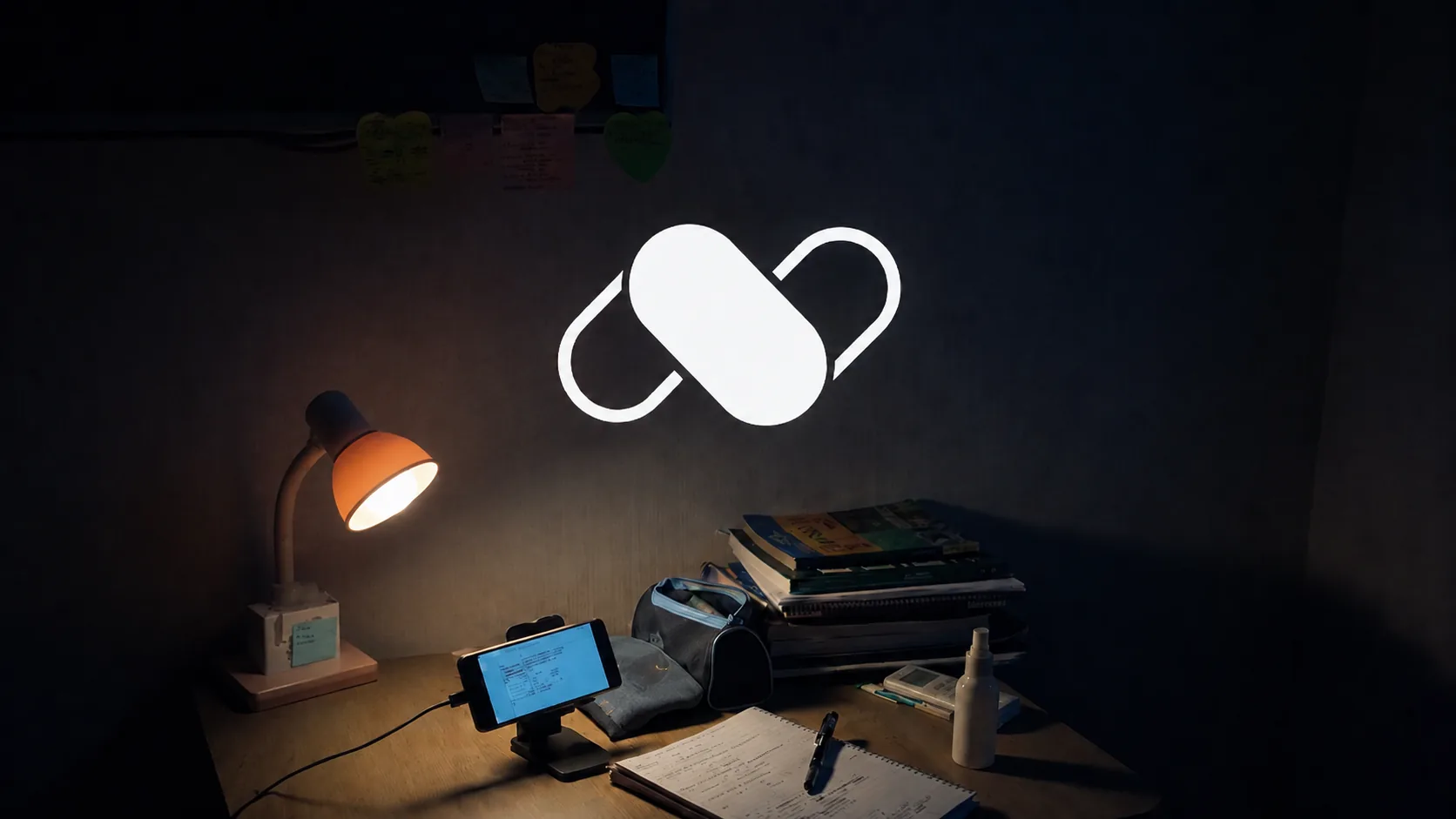 A student studying late at night with a phone on an open notebook under blue light